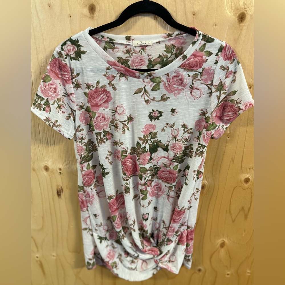 Cato Floral Short Sleeve Dress Top - Pink and Green on White